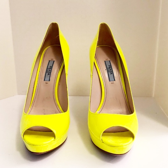 Prada Neon Yellow Open Toe Heels - Picture 2 of 5